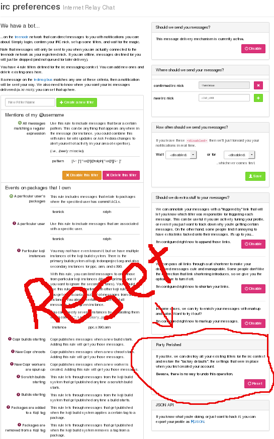 Where to find the reset button in the FMN web interface